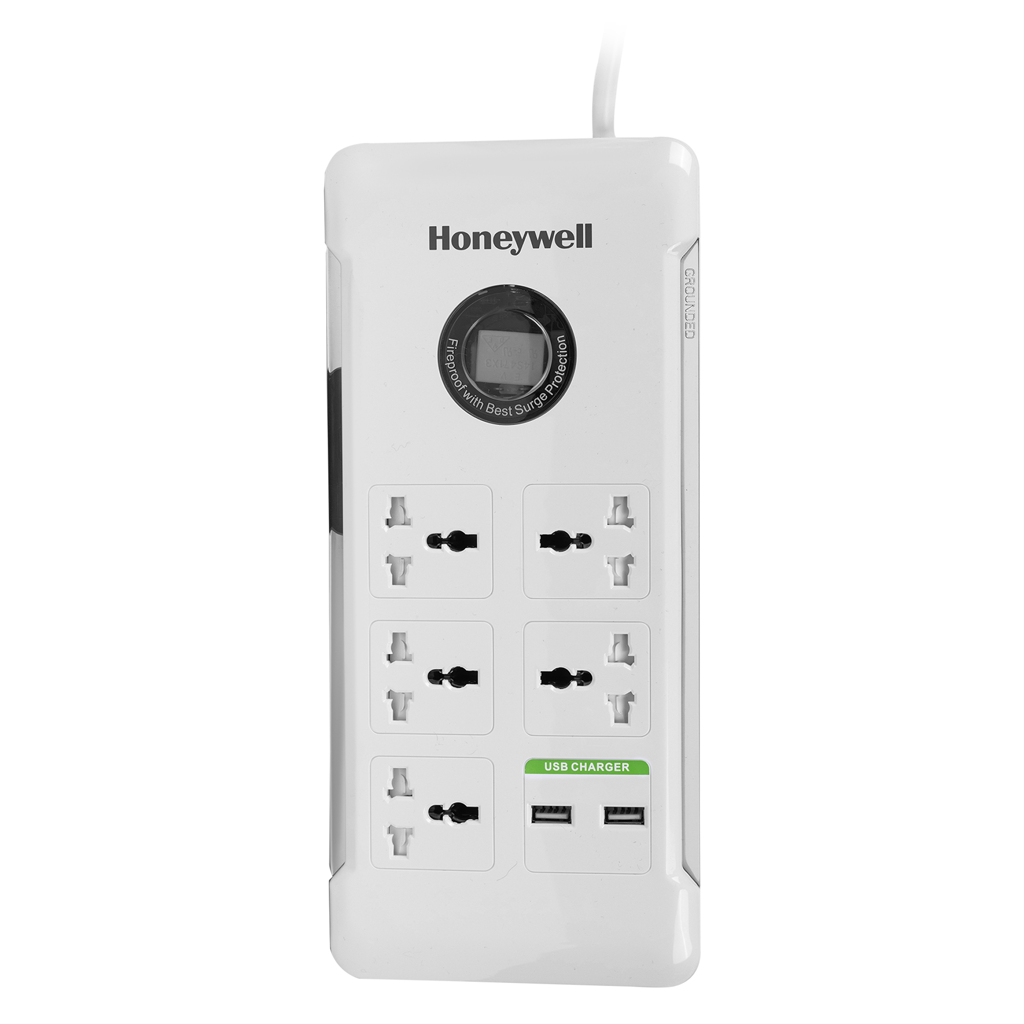 Honeywell Surge Protector with 5 Universal Sockets, + 2USB-A ports with 1.5 Meter Cord - White