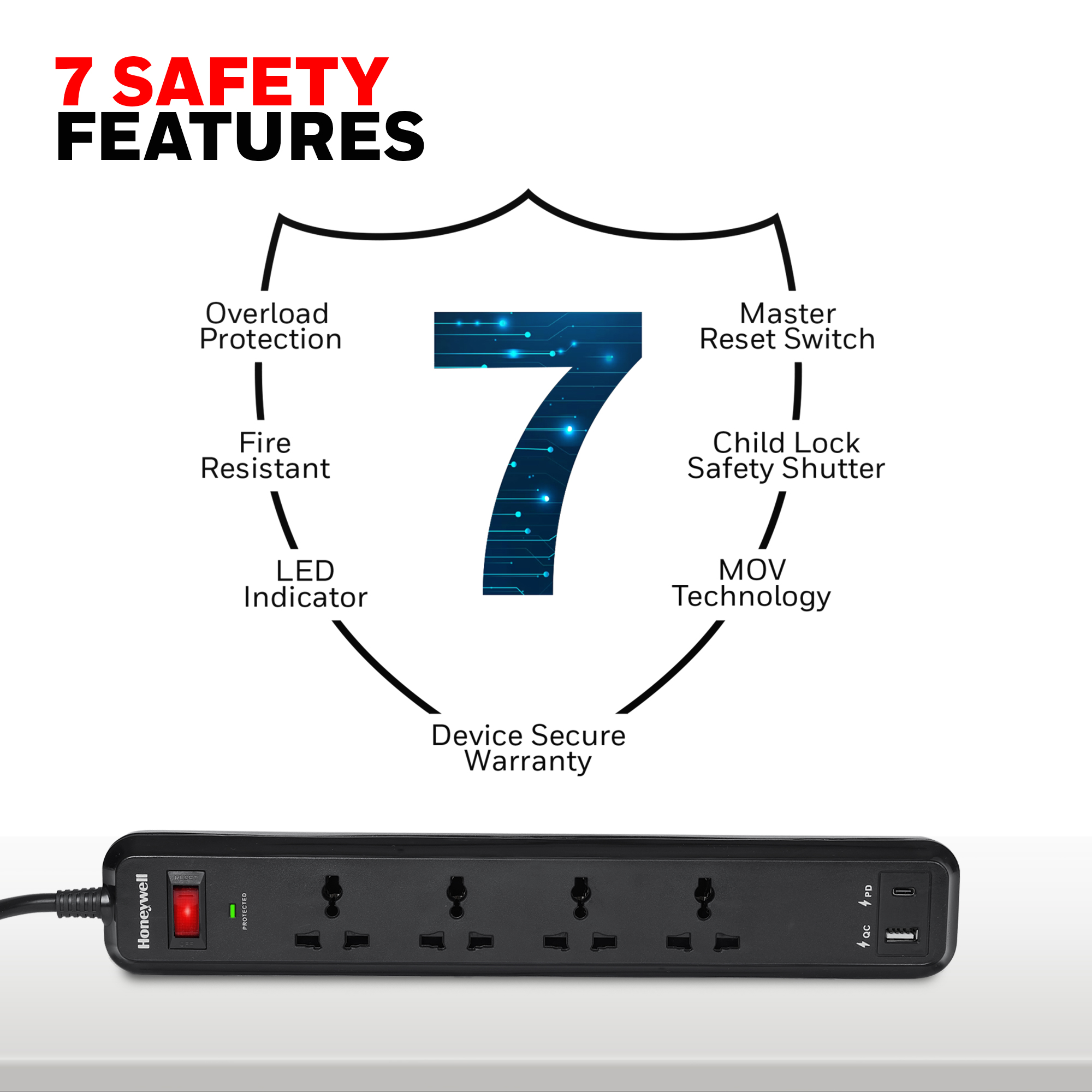 Honeywell Surge Protector with 4 Universal Sockets + USB-A, Type C and 2 Meter Cord - Black