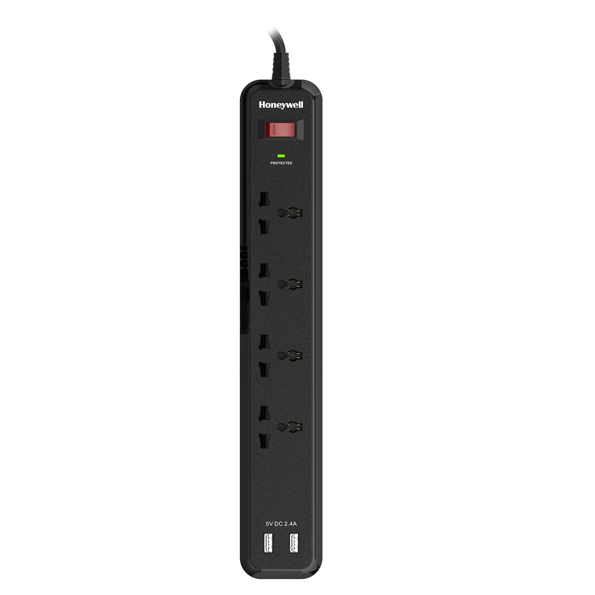 Honeywell Surge Protector with 4 Universal Sockets + 2 USB-A Ports and 2 Meter Cord - Black