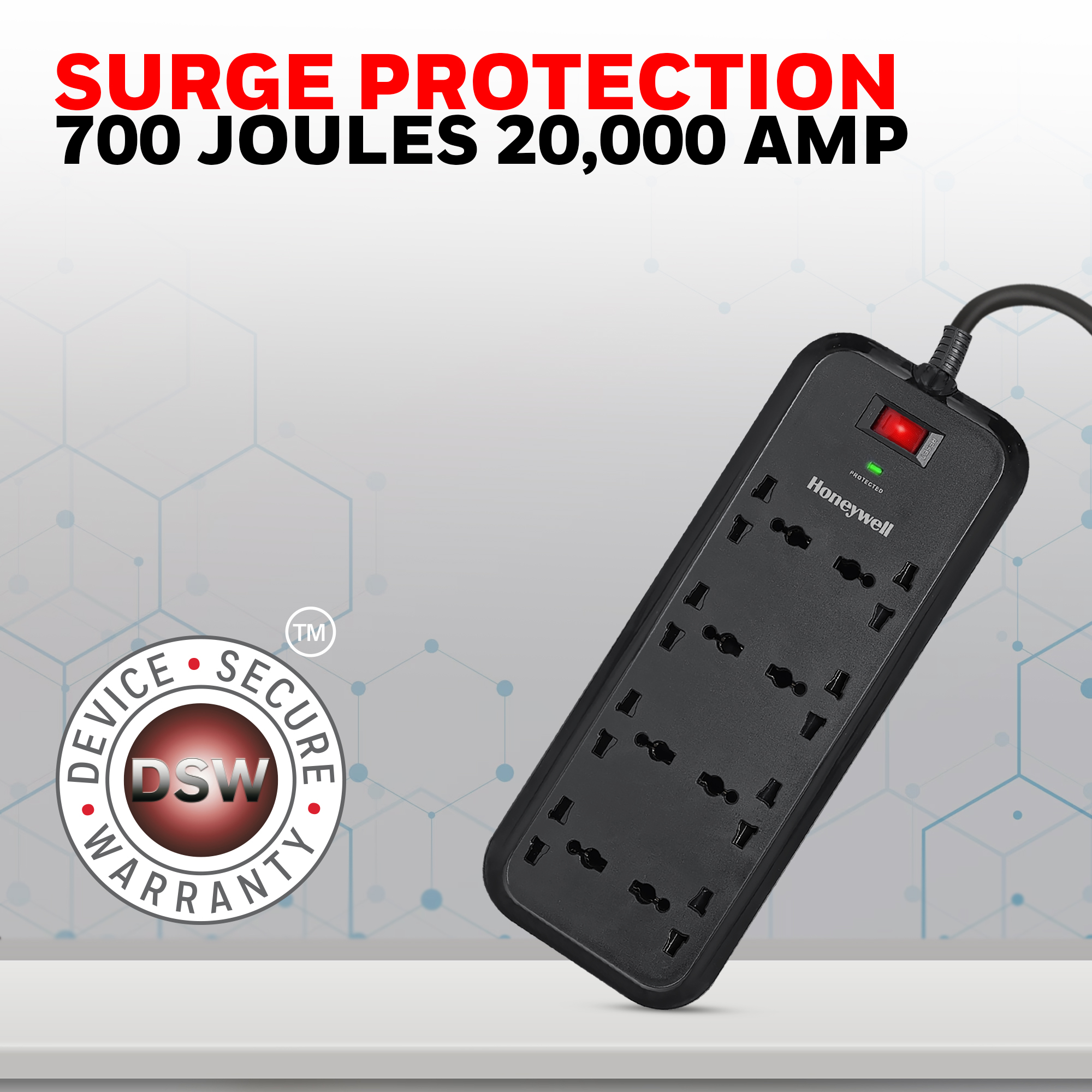Honeywell Surge Protector with 8 Universal Sockets and 2 Meter Cord - Black