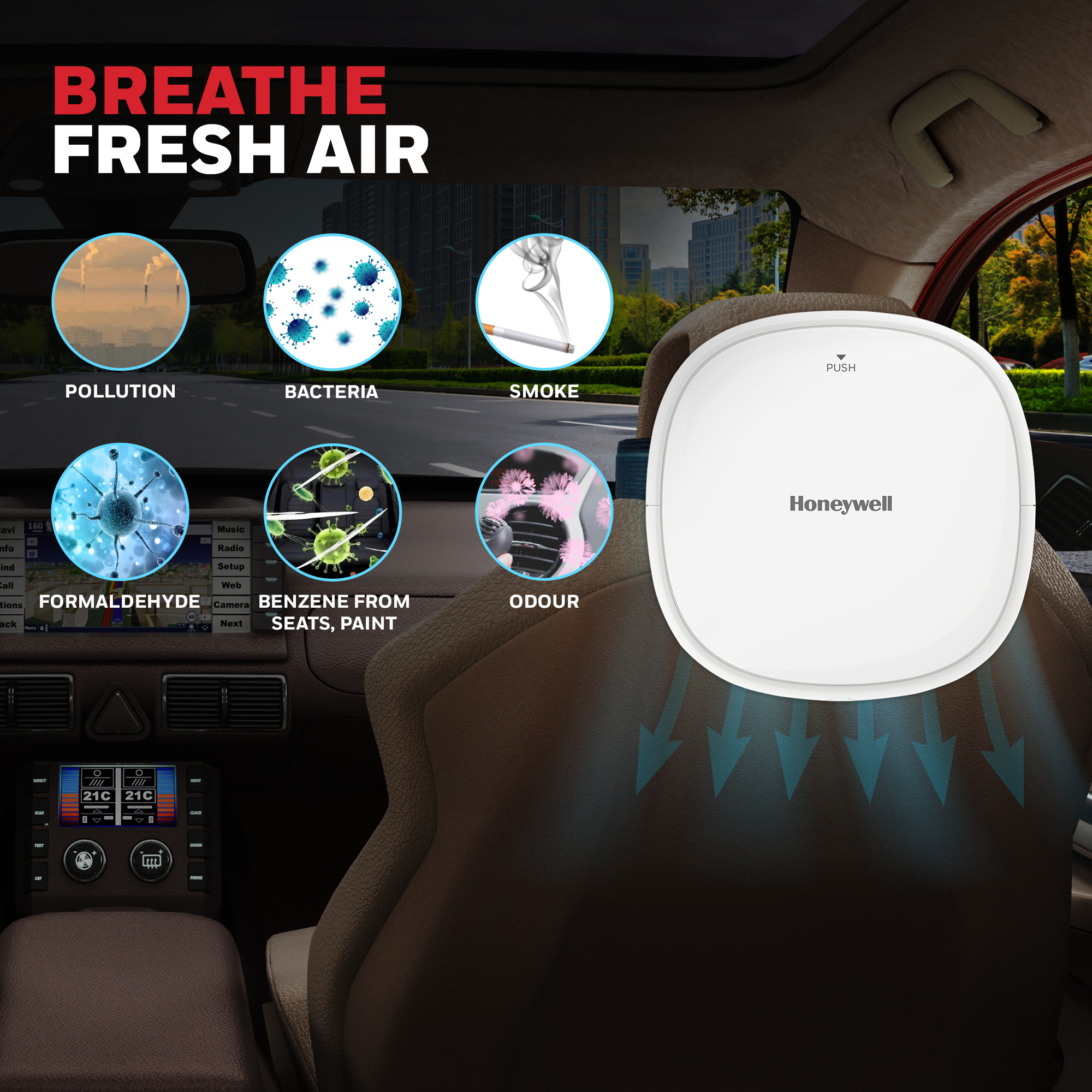 Honeywell Move Pure 3 Car Air Purifier, Hepa filter & Ionizer with 3xUSB Charging ports