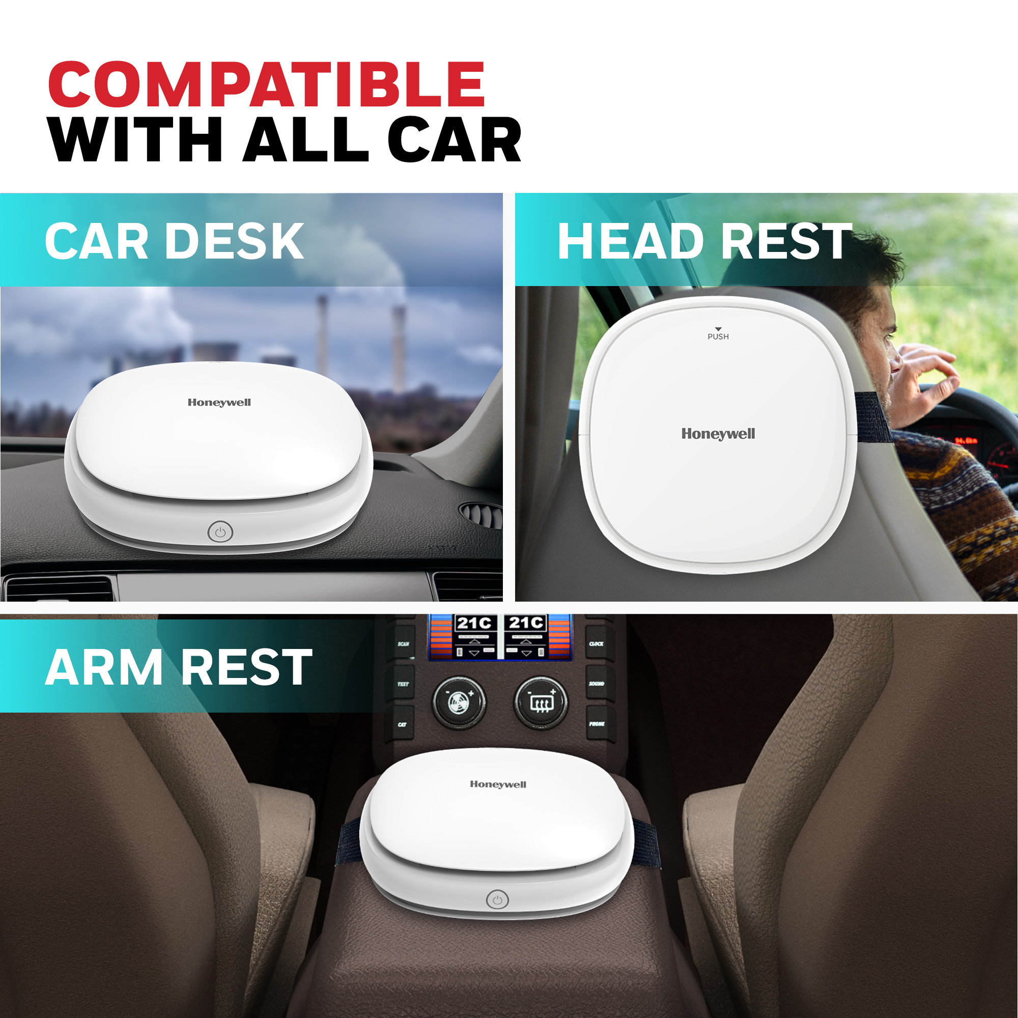Honeywell Move Pure 3 Car Air Purifier, Hepa filter & Ionizer with 3xUSB Charging ports
