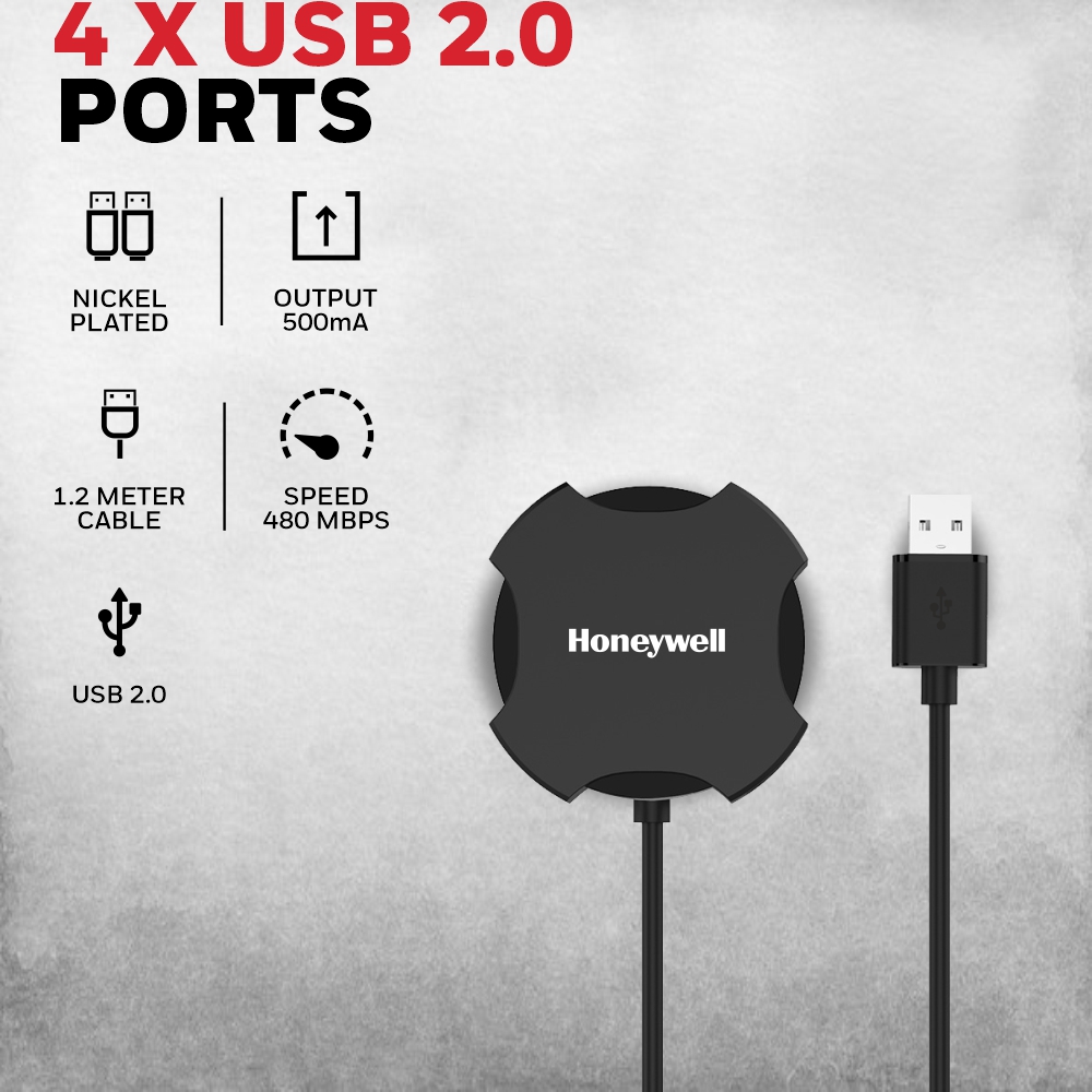 Honeywell 4-In-1 Ultra Slim USB Hub 2.0, 1.2 Meter Cable