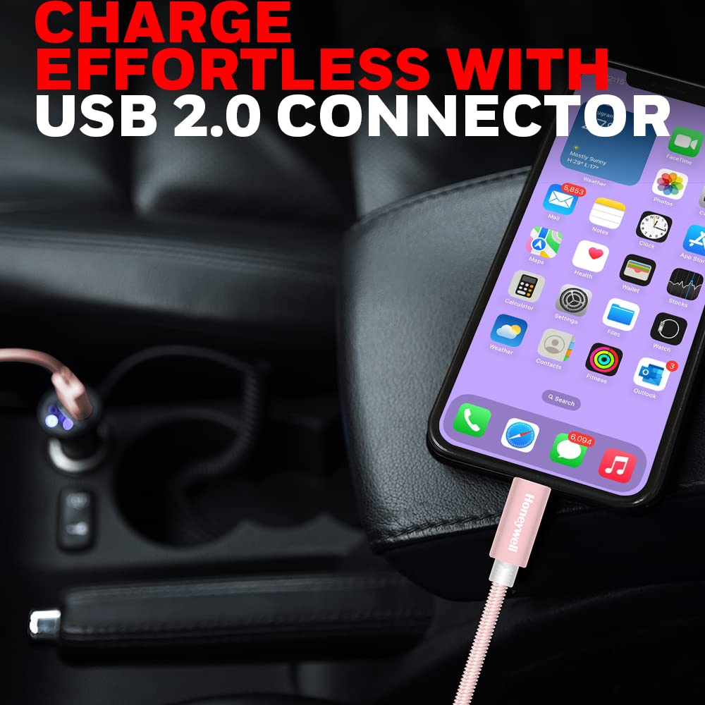 Honeywell USB 2.0 to Lightning, Fast Charging Cable (Apple MFI-Certified), Nylon-Braided, 4 Feet/1.2M – Rose Gold