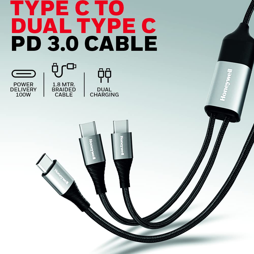 Honeywell Type C to Dual Type C 3.0 Ultra-Fast 2 in 1 Charging Cable, 100W, Braided, 1.8 Meter - Grey
