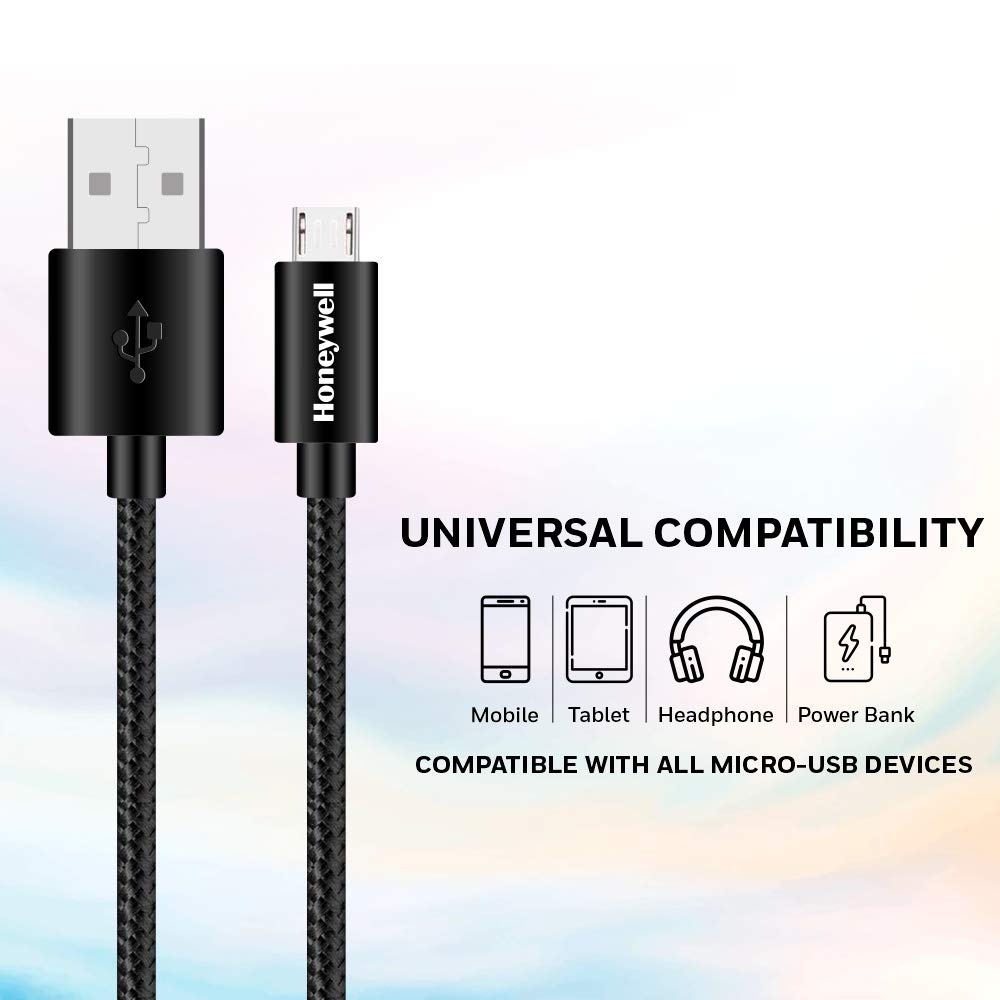 Honeywell USB to Micro USB cable, Fast Charging, 480 MBPS Transfer Speed, Nylon-Braided, 1.2 Meter - Black