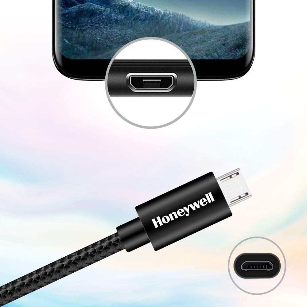 Honeywell USB to Micro USB cable, Fast Charging, 480 MBPS Transfer Speed, Nylon-Braided, 1.2 Meter - Black