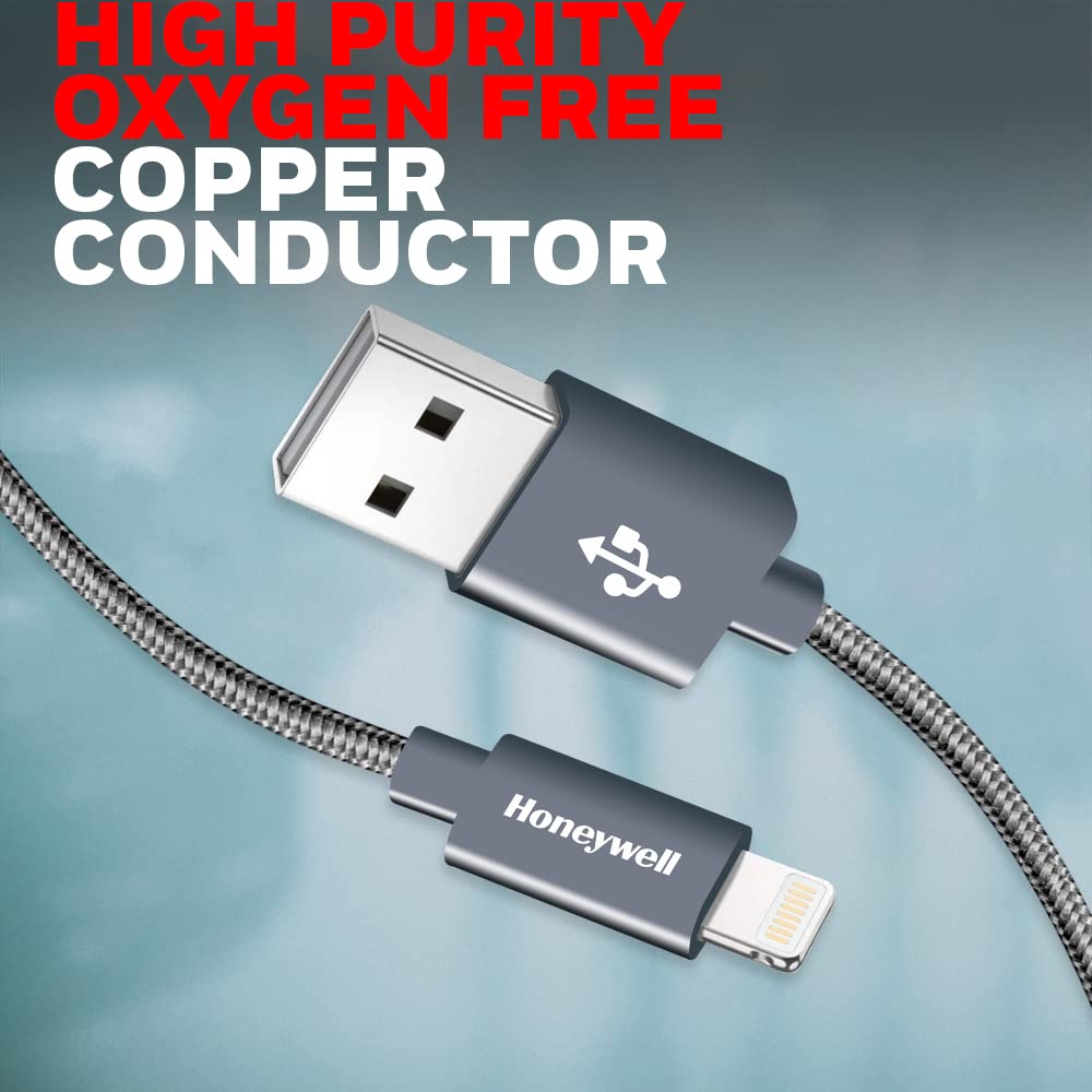 Honeywell USB 2.0 to Lightning cable, (Apple MFI-certified), Nylon-Braided, 1.2 Meter - Grey