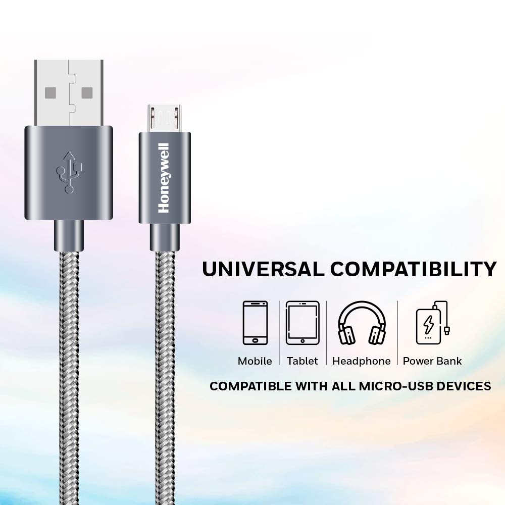 Honeywell USB to Micro USB Fast Charging cable, 480 MBPS Transfer Speed, Nylon-Braided, 1.2 Meter - Grey
