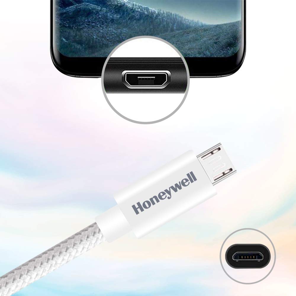 Honeywell USB to Micro USB cable, Fast Charging, 480 MBPS Transfer Speed, Nylon-Braided, 1.2 Meter - White