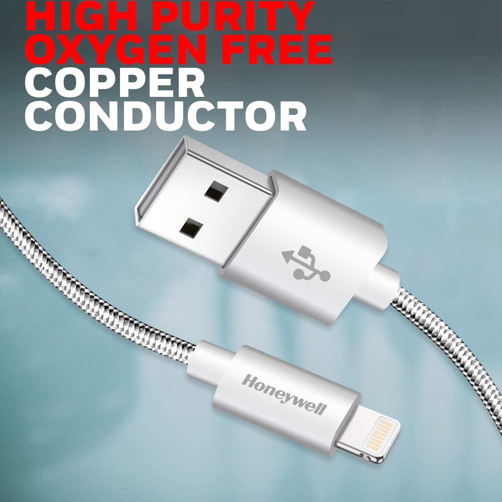 Honeywell USB 2.0 to Lightning, Fast Charging Cable (Apple MFI-Certified), Nylon-Braided, 4 Feet/1.2M - Silver