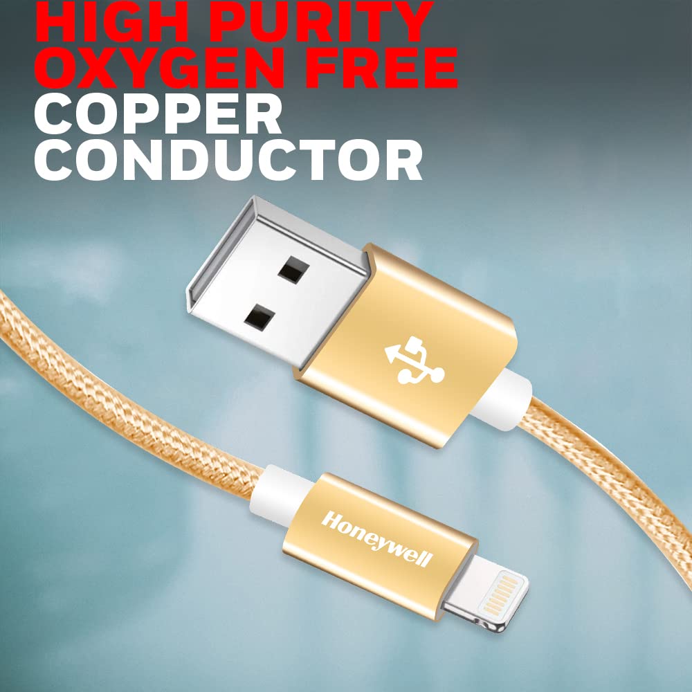 Honeywell USB 2.0 to Lightning Cable, (Apple MFI-certified), Nylon-Braided, 1.2 Meter - Gold