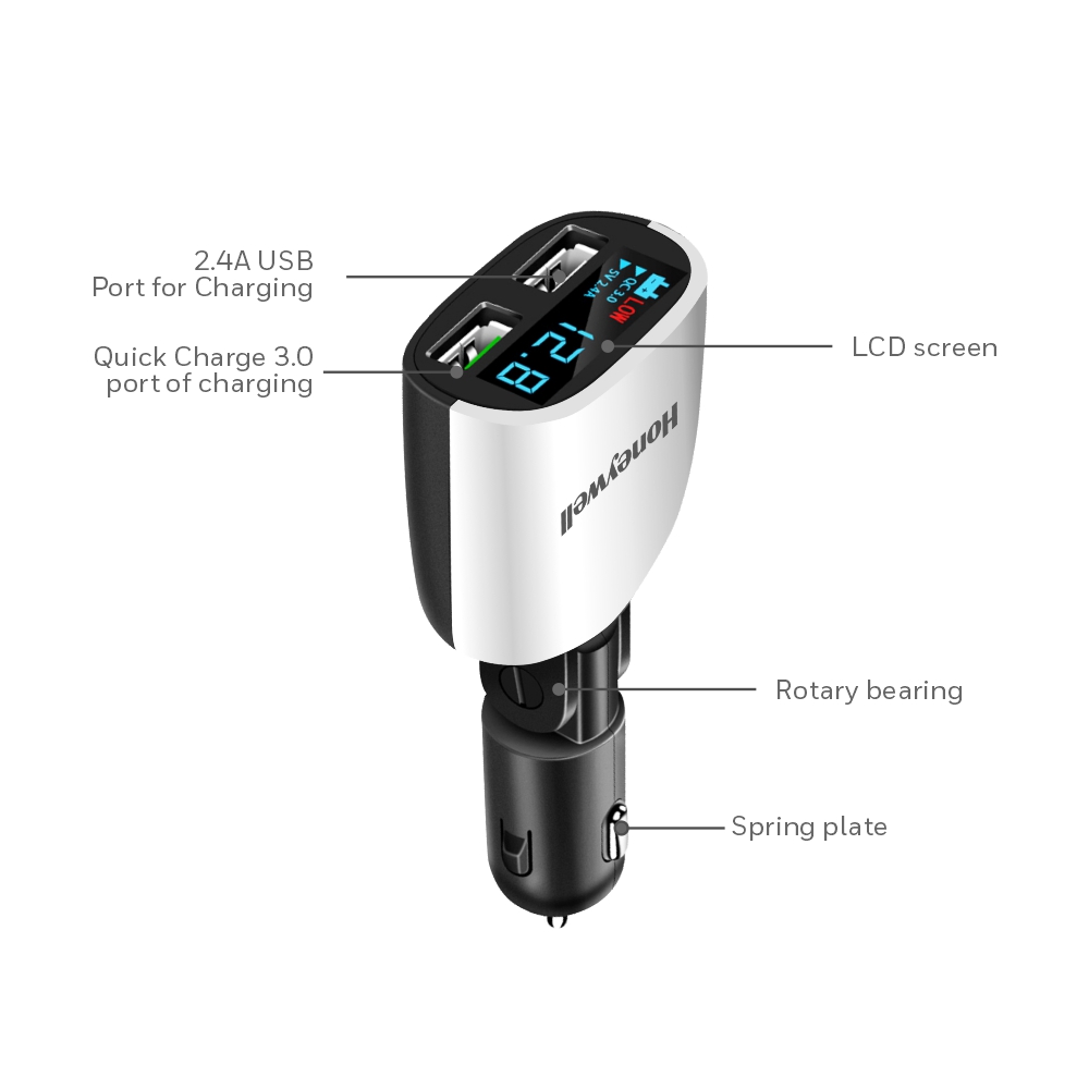 Honeywell Dual USB Car Charger with LED Display, 24W - Black