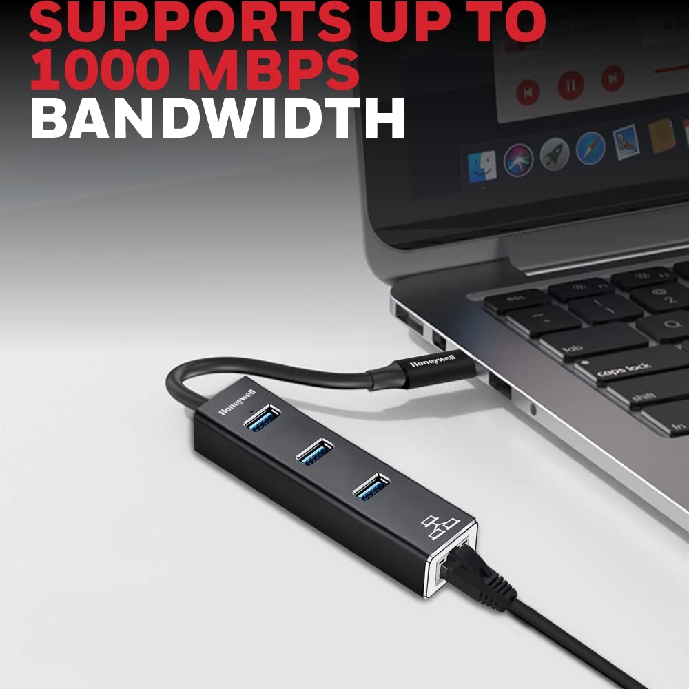 Honeywell 4-in-1 Type C 3.1 to USB 3.0 with RJ45 Gigabit Ethernet Adapter, 3x3.0 USB Ports.