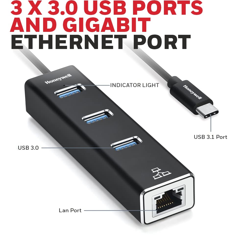 Honeywell 4-in-1 Type C 3.1 to USB 3.0 with RJ45 Gigabit Ethernet Adapter, 3x3.0 USB Ports.