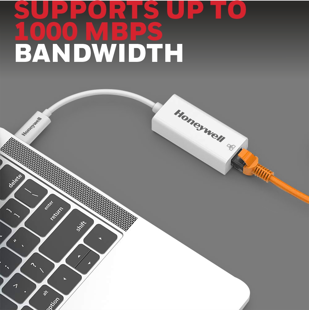 Honeywell High-Speed Type C to RJ45 Gigabit Ethernet Adapter, with Network LAN speeds of 10/100/1000 MBPS. 