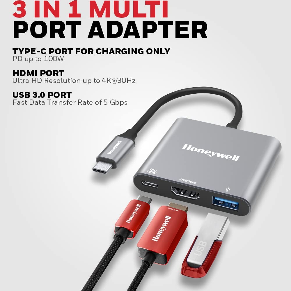 Honeywell High-Speed 3-in-1 Type C to HDMI Adapter, Quick Transfer Speed of 5GBPS, UHD 4K@30Hz