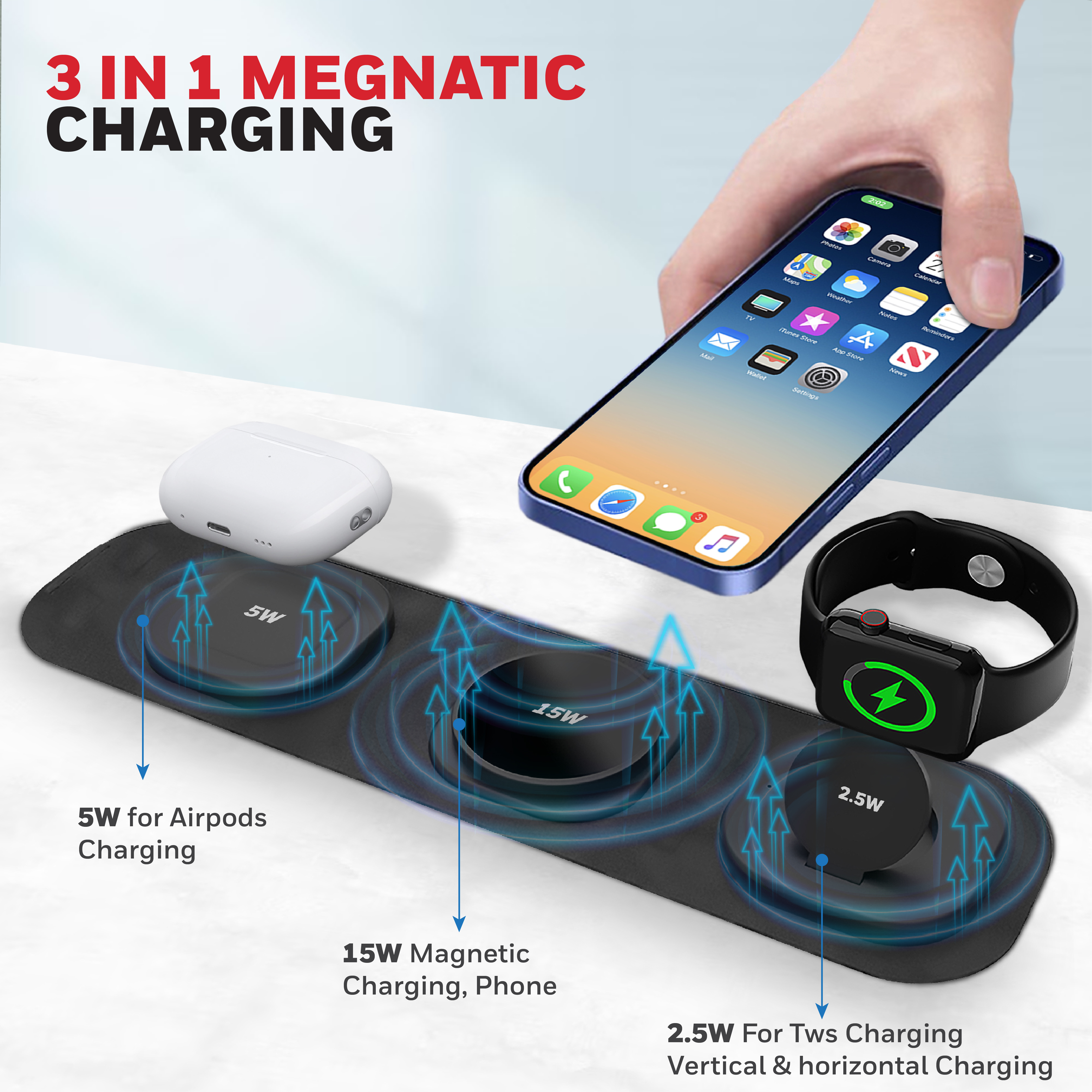 Honeywell Zest Wireless 3-in-1 Magnetic Foldable MagSafe Compatible 23W Wireless Charger for iPhone 12-15